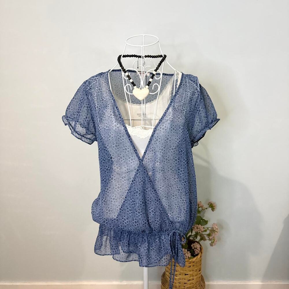 Y2K vintage blue sheer layering babydoll wrap top